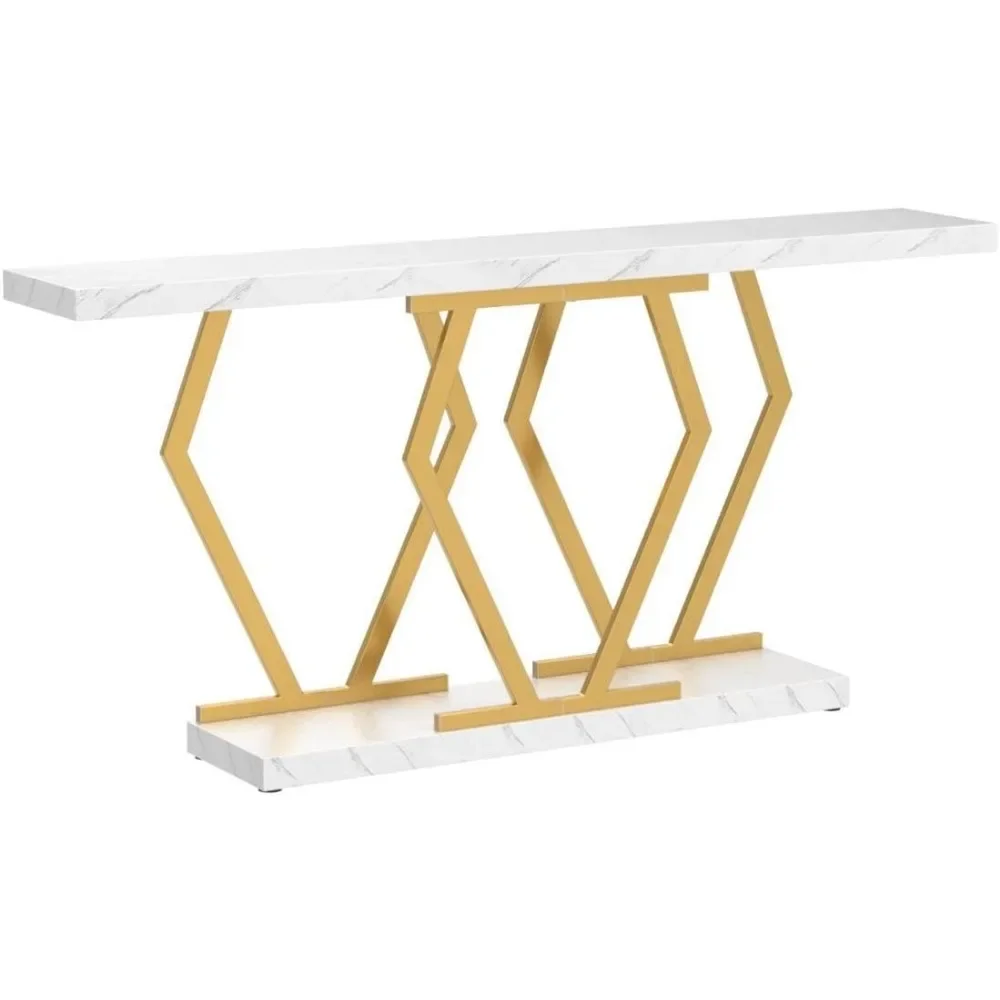 70.9 Inch Extra Long Sofa Table White and Gold Console Table with Faux Marble Tabletop,Modern Long Entryway Table Gold Frame 5