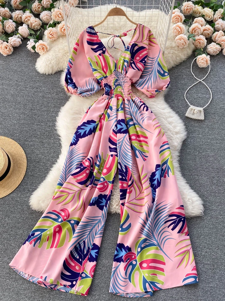 

Women Summer 2022 Casual Bohemian Print Jumpsuits Female Puff Sleeve V-Neck Elastic Ruched Loose Beach Rompers