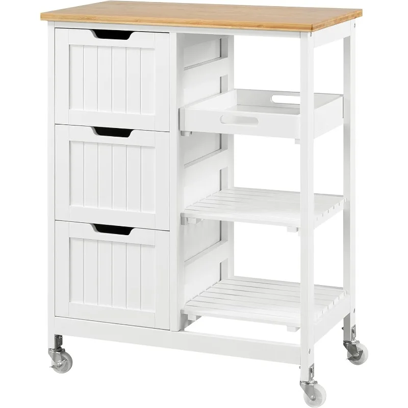 

Rolling Kitchen Cart with Bamboo Top, 3 Drawers, 3 Shelves, Lockable Casters - for Dining Room, Bar