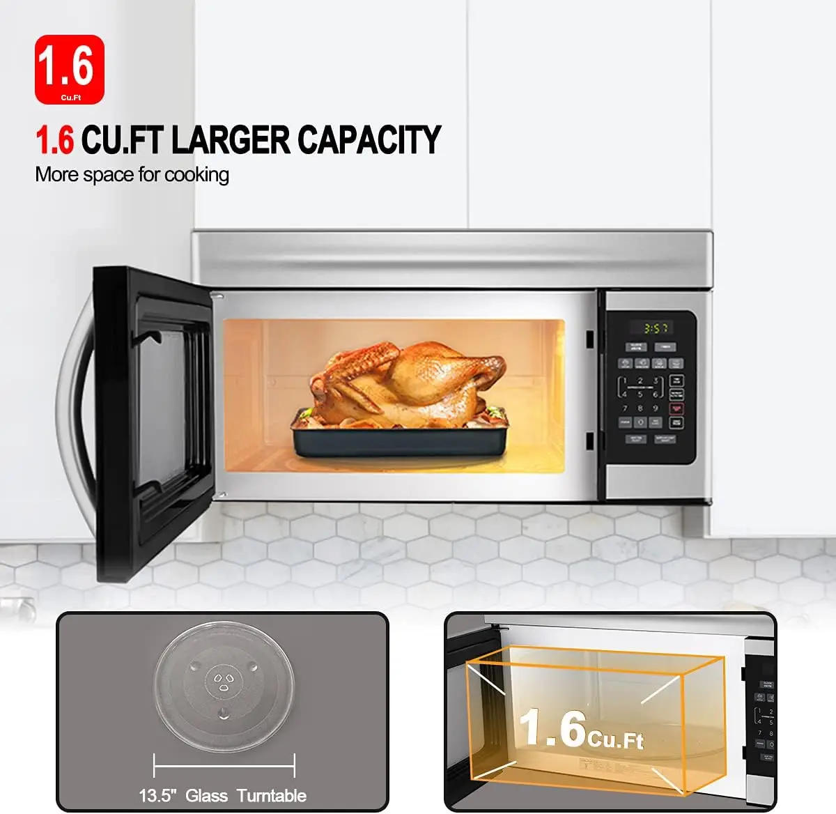 1.6 Cu.Ft. Over the Range Microwave Oven, 30 Inch 1000 W Microwave Over the Range, OTR1603S 300 CFM Over Range Microwave 6