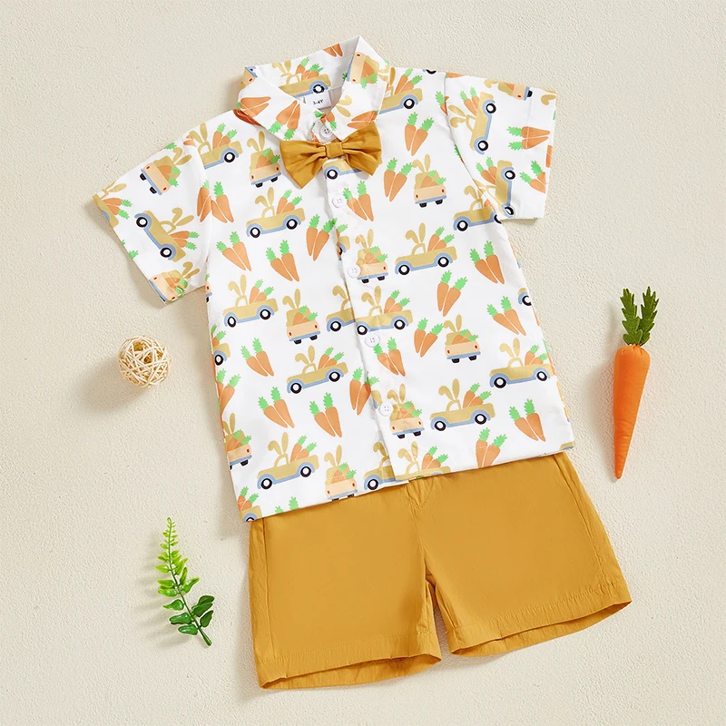 Pudcoco Baby Toddler Boy Easter Outfit Carrot Short Sleeve Button-up Bowtie Shirt Solid Shorts 2 Pcs Set 6M-4T