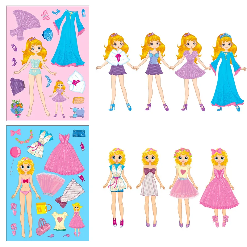 6-24sheets Prinses Dress-Up Diy Stickers Voor Kinderen Maken Een Gezicht Sticker Pad Maak Je Eigen Meisjes Puzzel Puzzel Feestartikelen