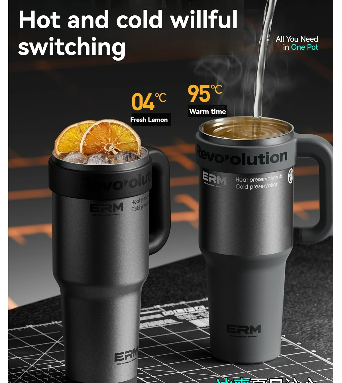 1200ML Extra Large Tumbler Ceramic Drinkware Stainless Steel Water Bottle Insulated Vacuum Flask Straw & Handle Leakproof Mug
