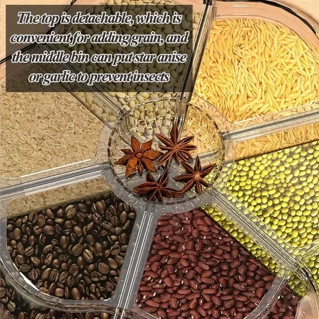 Contenitore per dispenser di cereali da banco per farina alimentare, snack, display 360 ° Contenitore per alimenti a 6 griglie con serbatoio rotante per alimenti secchi 3