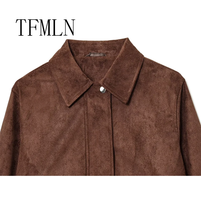 TFMLN Women Fashion Short Suede Jacket Autumn Fashion Long Sleeve Zipper Solid Coat Chic Lady 2025 Streetwear