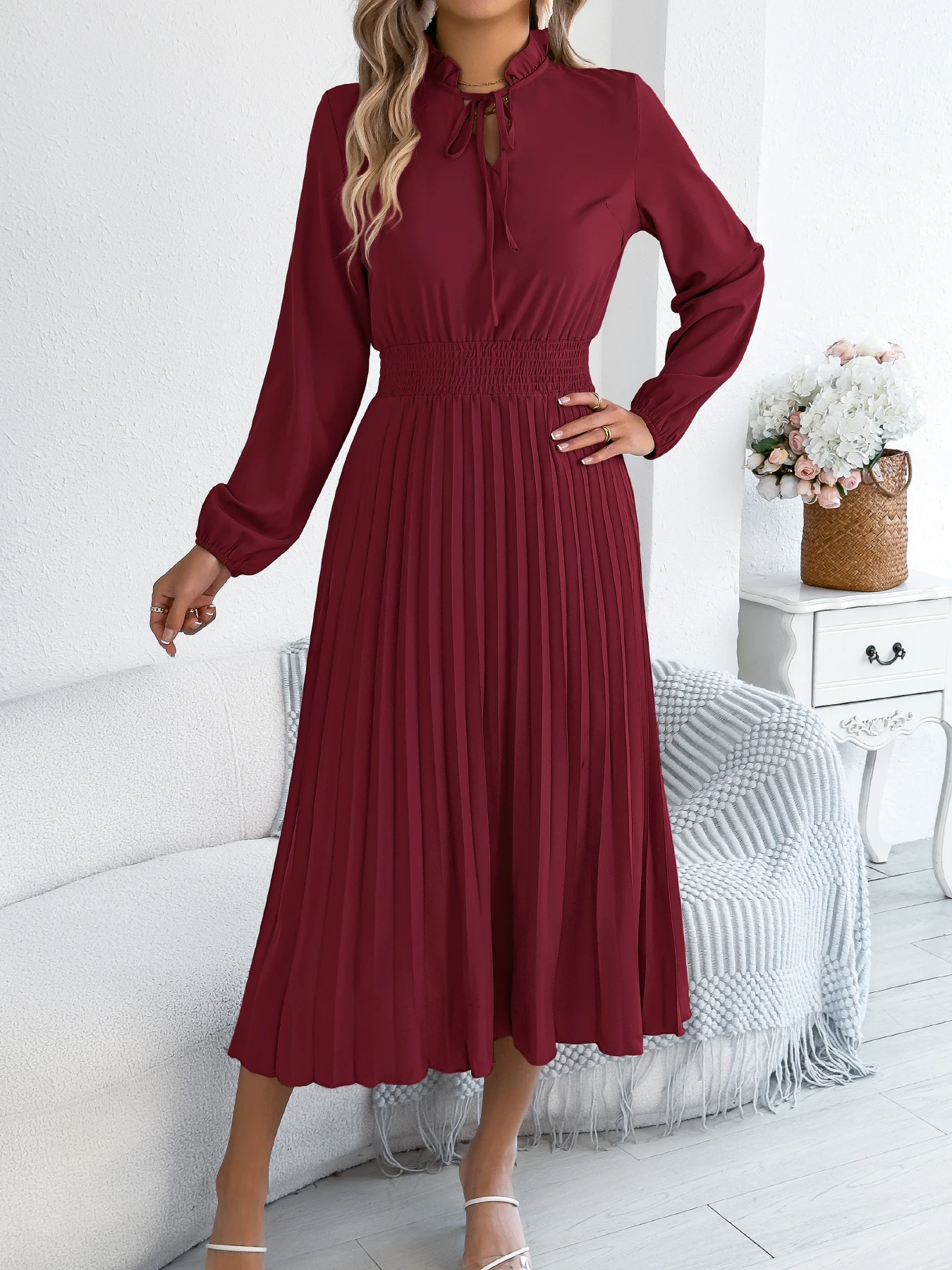 Autumn Winter Women Maxi Dress Red Khaki Green