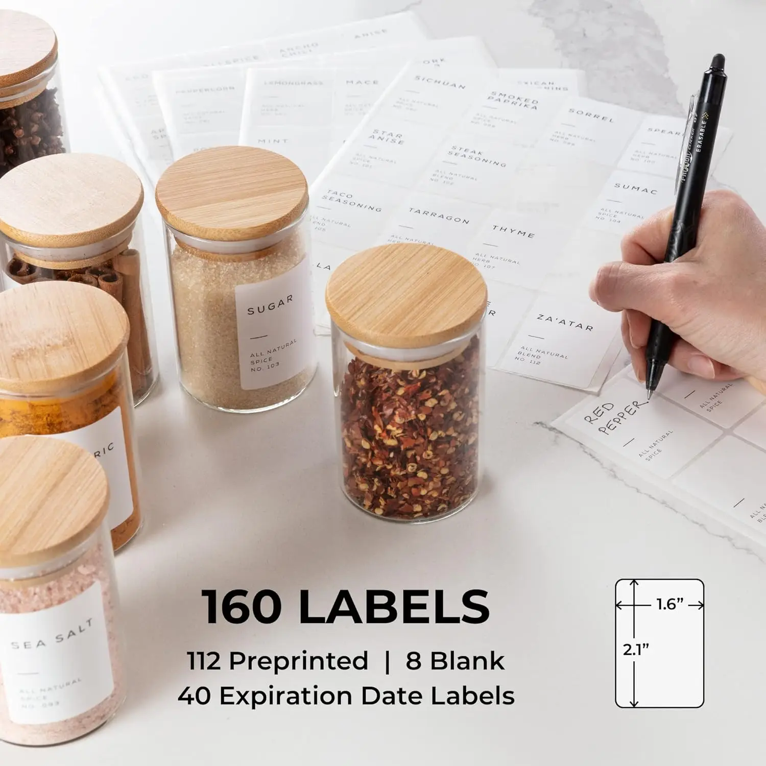 Empty Spice Jars with Label Pack (12x Bamboo Lid Glass Jar). Small 6oz Spice  Bottles with 112 Printed Spice Stickers and 48 Wri 4