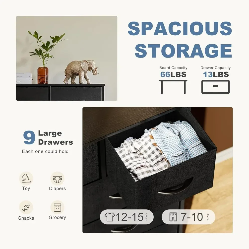 Dresser for Bedroom with 9 Drawers, Clothes Drawer Fabric Closet Organizer, Cloth Dresser with Metal Frame and Wood Tabletop 4