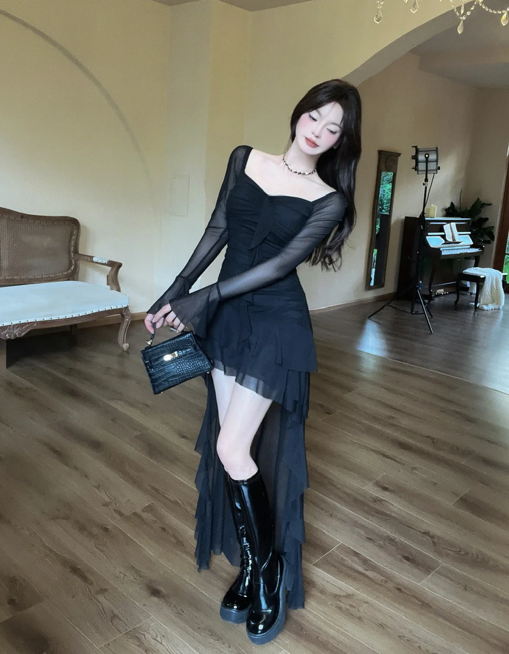 Vestido de fiesta de noche irregular Y2K de malla de manga larga con cuello cuadrado y volantes, corte en A, sexy, moda coreana