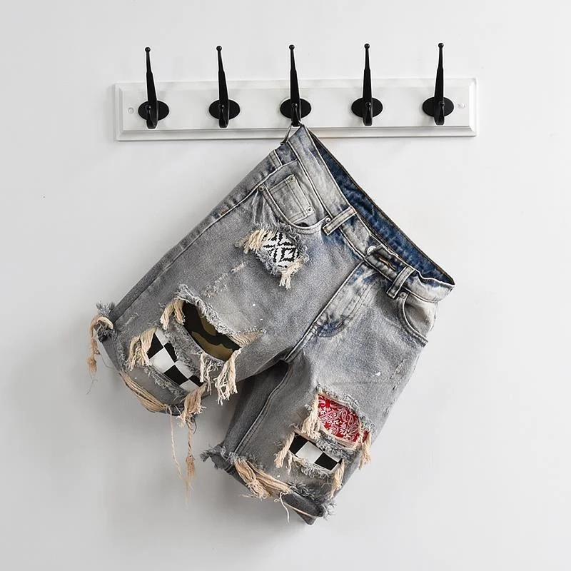 Summer denim shorts, men's personality, beggar patch, hole patch, slimming fashion label, versatile Korean version, trendy