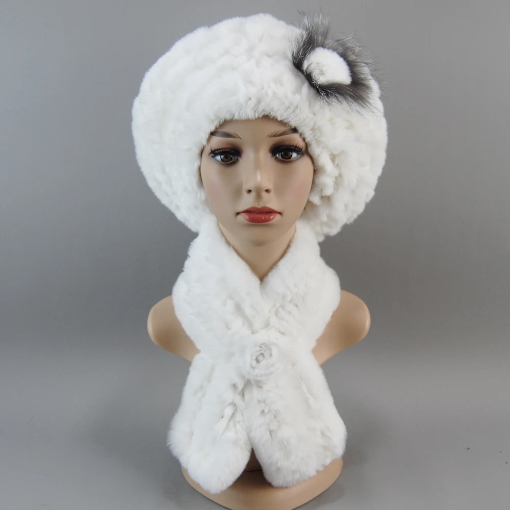 Fashion Girl Fur Cap Lady Winter Warm Real Rex Rabbit Fur Hat Scarf Suit Women 100% Real Scarf+Hat Set
