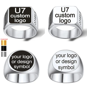 U7 Custom Stainless Steel Round Square Rings for Man Relief Deep Engrave Black White Vector Design Logo Brand Rings Jewelry Gift 1