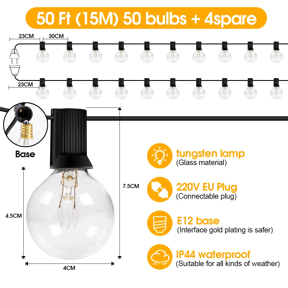 Patio string light Tungsten G40 Globe String Lights for Patio, LED Hanging Lights Waterproof 30 Bulbs, Shatterproof Christmas indoor fairy lights String Lights