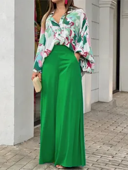 Fashion Print Set Women Casual Long Sleeve Button Shirt+Pockets High Waist Wide Leg Pants Office 2 Piece Sets Lady Spring Summer 1