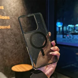Luxury Transparent Glitter Bling Wireless Charging Magnetic Airbag Case for Moto G Play 5G 2025 (Black Magnetic)
