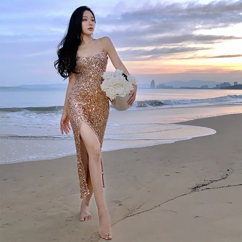 

Summer Gold Sequin Prom Wrap Dress for Women 2023 Slim Wrap Dresses New Long Sexy Backless Strappy Party Midi Elegant Dress