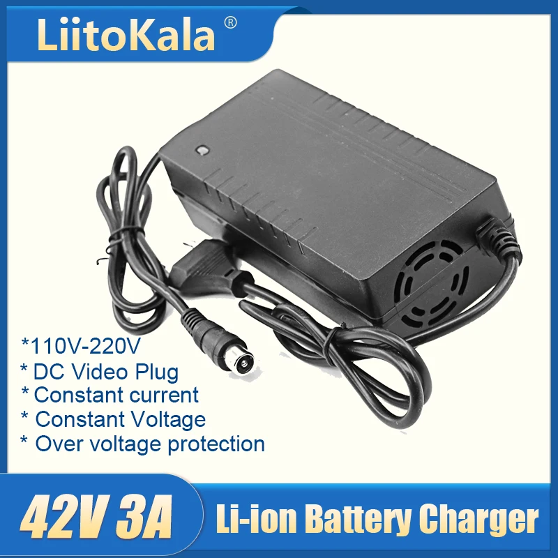 LiitoKala 42V 3A 리튬 배터리 충전기 10S 36V 리튬 이온 배터리 팩 전기 스쿠터 충전기 커넥터 XLR