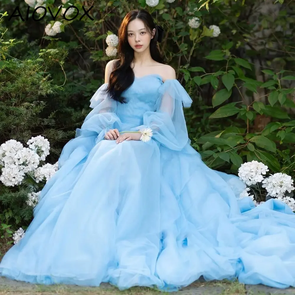 

AIOVOX A-line Formal Dress Elegant Blue Photo Shoot Strapless Soft Tulle Puffy Short Floor Length Wedding Guest Dress 공식 연회 예복