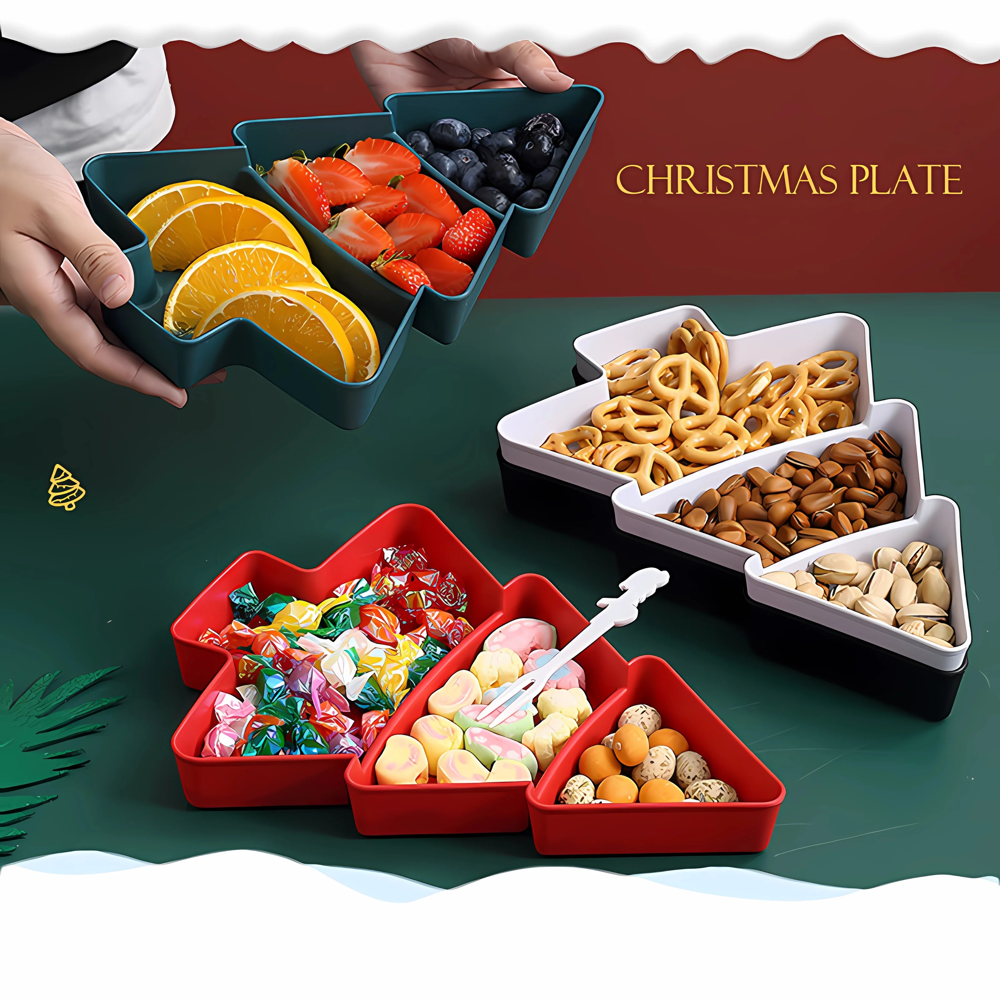 Plastic Serving Tray Snack Bowl Snack Dish Creative Christmas Tree Shape Candy Snacks Nuts Dry Fruits Breakfast Tray Wedding Party Dessert