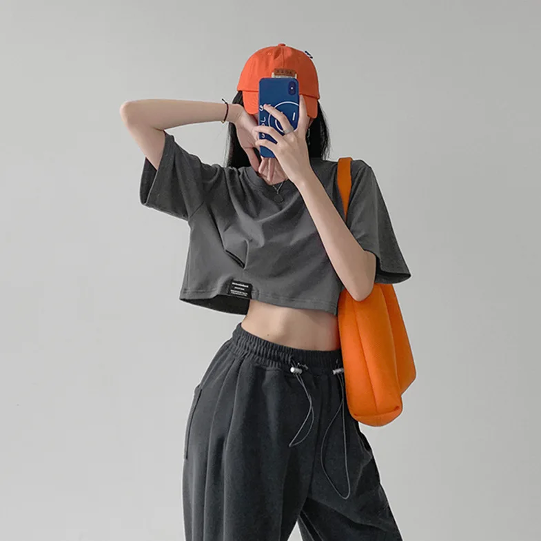 harajuku Simple solid color Crop Top Women Casual Short Sleeve T shirt Summer sexy loose young girl short T-shirt korean clothes