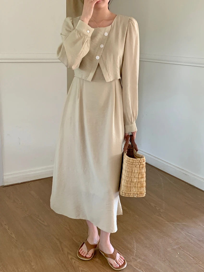 Sommer neue einfarbige schlanke Frauen Kleid süße Damen Frau Freizeit kleid lose Retro gefälschte zweiteilige lang ärmel ige Kleid weiblich – Detail 20