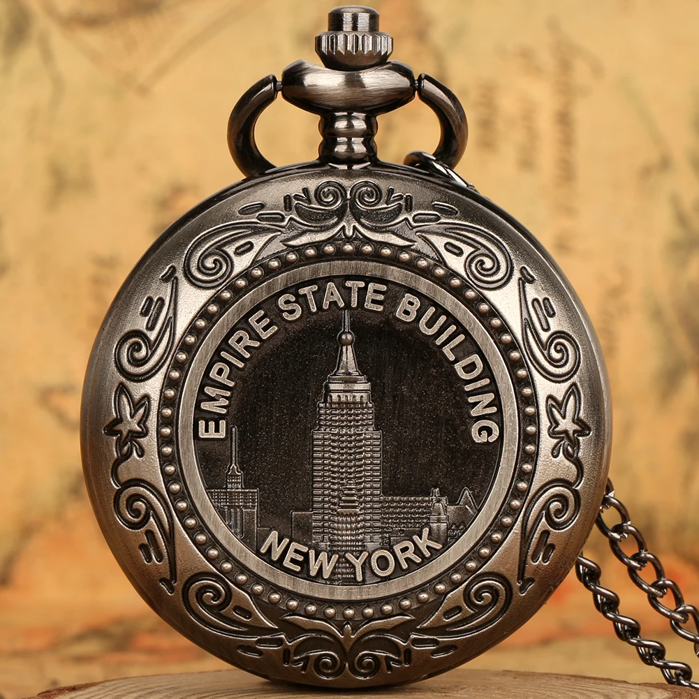 Vintage New York Empire State Building Quartz Pocket Watch Men 