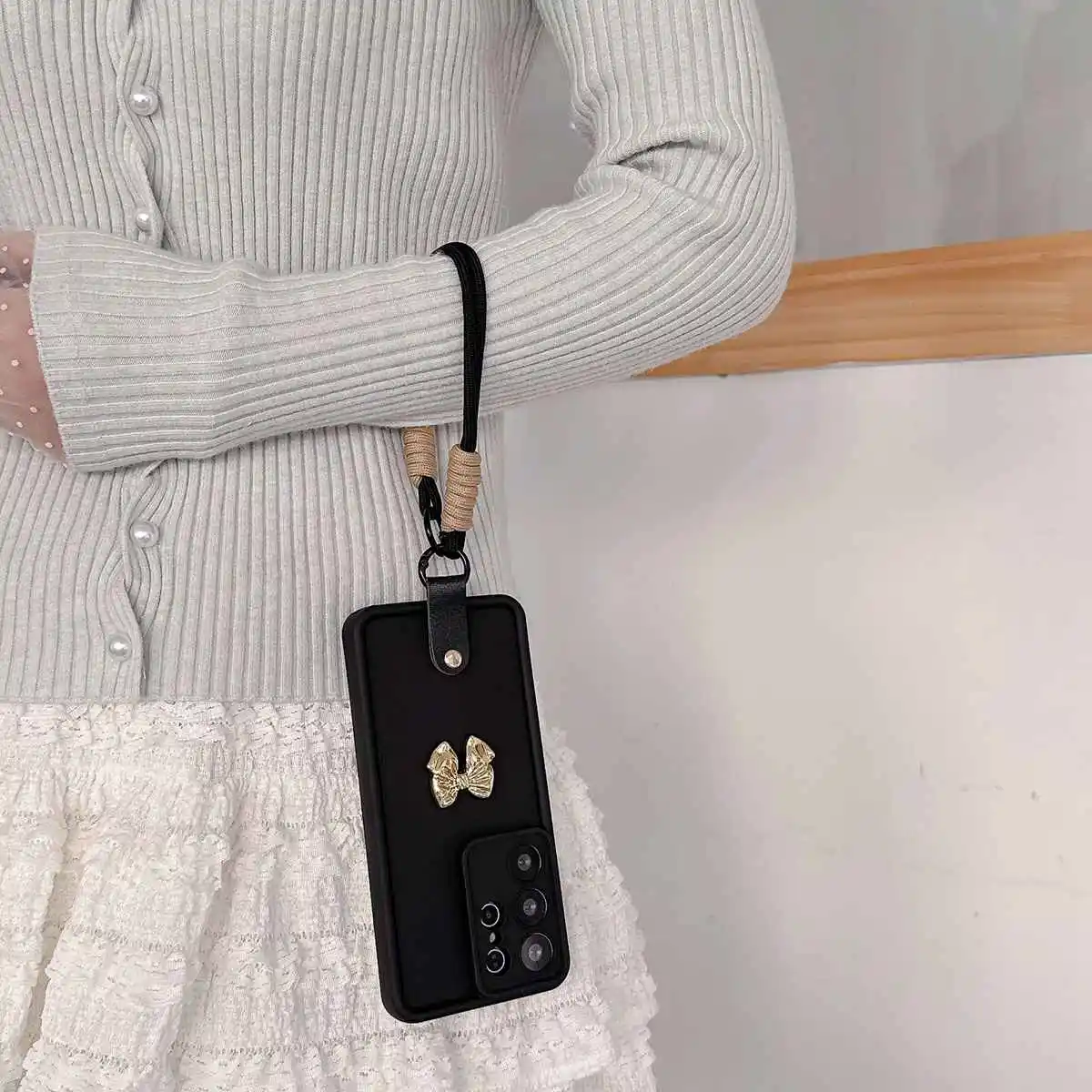 Elegant 3D Golden Bow Strap Lanyard Phone Case