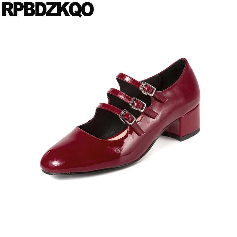 

Туфли женские для выпускного вечера, лакированная кожа, круглый носок, квадратный ремешок, блестящие низкие женские туфли-лодочки, винная Мэри Джейн, 11 43