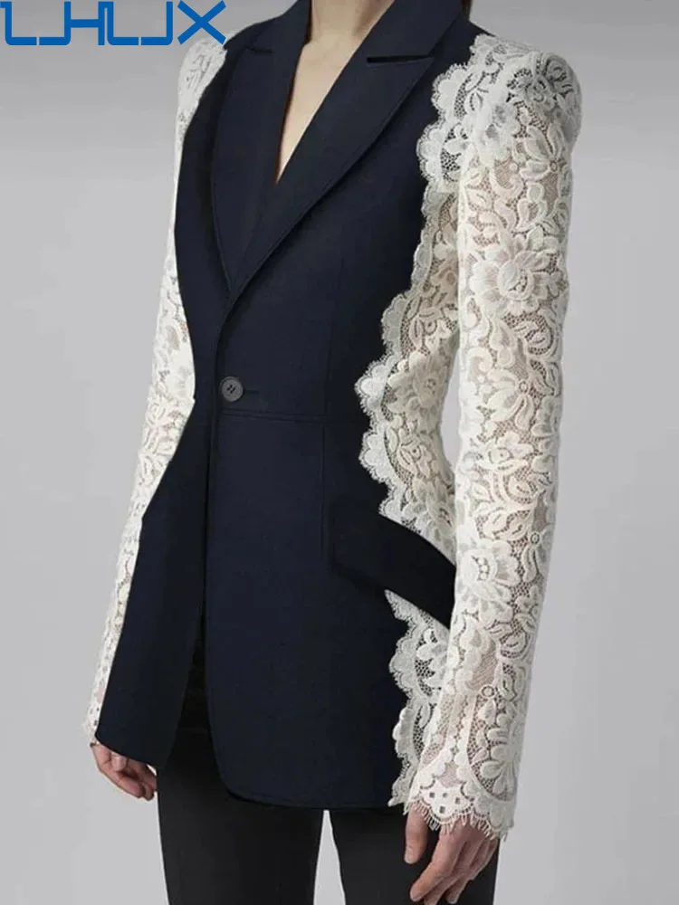 

LJHLJX Fashion Women's Blazer New Fashion Notched Lace Patchwork Long Sleeve Contrast Suit Jackets Female Spring 2024 AH187