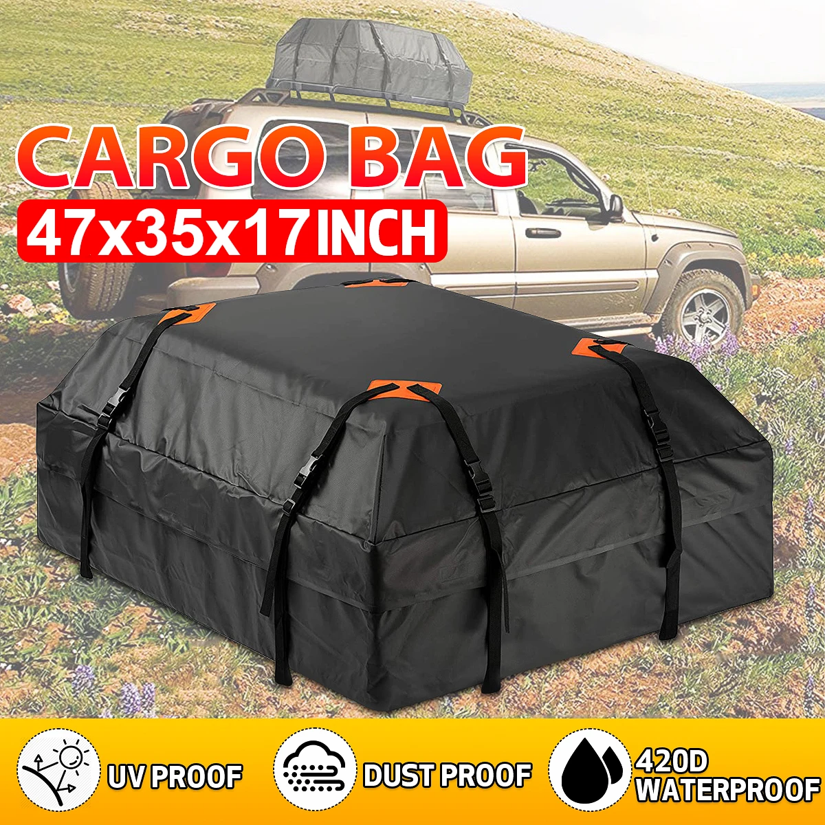 

475L 120x90x44cm 420D Car Cargo Roof Bag Waterproof Rooftop Luggage Carrier Travel Storage Roof Rack Universal SUV Van