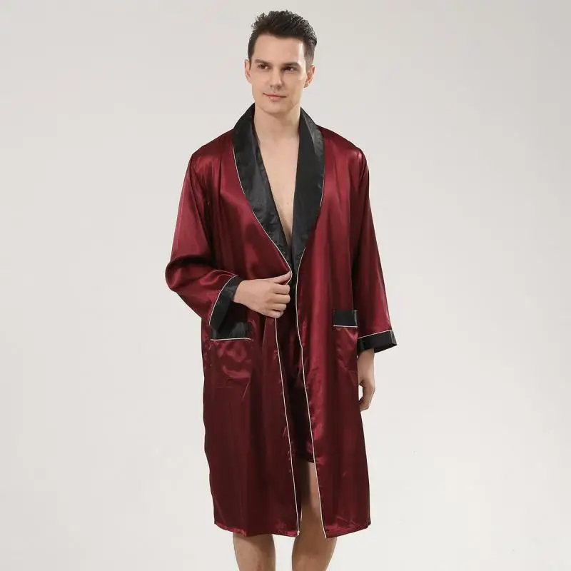 Men Satin Robe Set Loose Bathrobe Gown Long Sleeve 2PCS Sleewear Lapel Robe&Shorts Male Casual Sleep Set Silky Pajamas