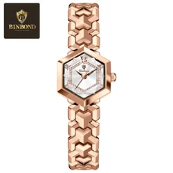 BINBOND Elegant Women's Quartz Watch with Rhombus Mirror and Luminous Diamond Dial (Rose White)