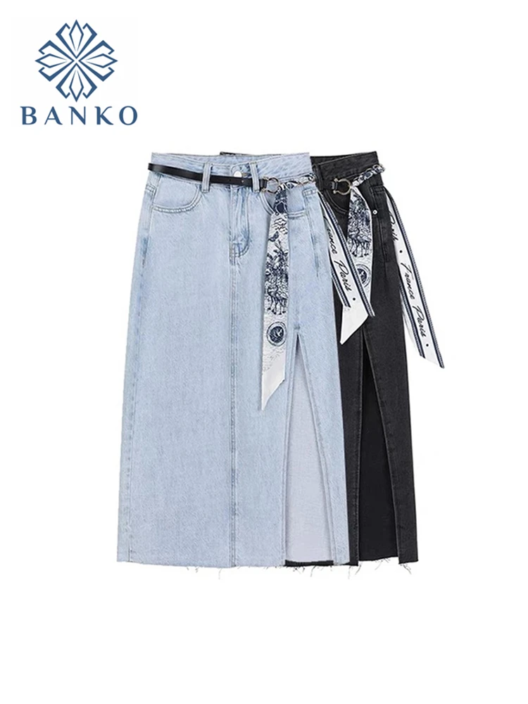 long skirts High Waist Long Skirts Women Casual Vintage Harajuku Korean Chic With Belt Straight A-line Pencil Slit  Skirt Denim Jupe Femme satin midi skirt