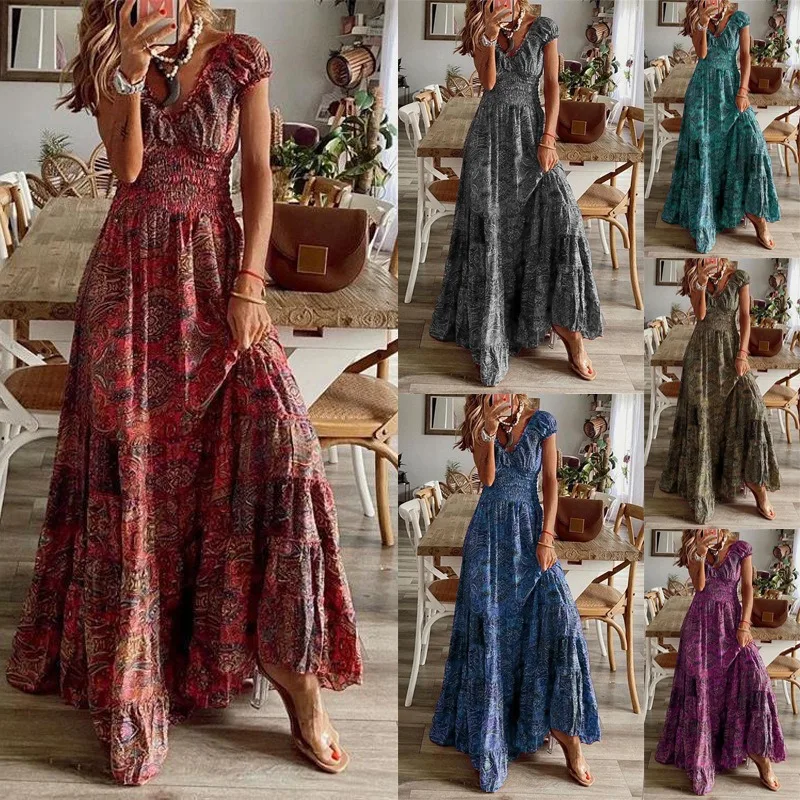 

2024 New Simi Style Retro Long Dress Tight Waist Floral Print Large Swing Dress