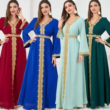Muslim Women's Clothing, Solid Color Patchwork Basic Style, Loose Embroidery, Long Skirt, Dress, Long-Sleeved Dress 1