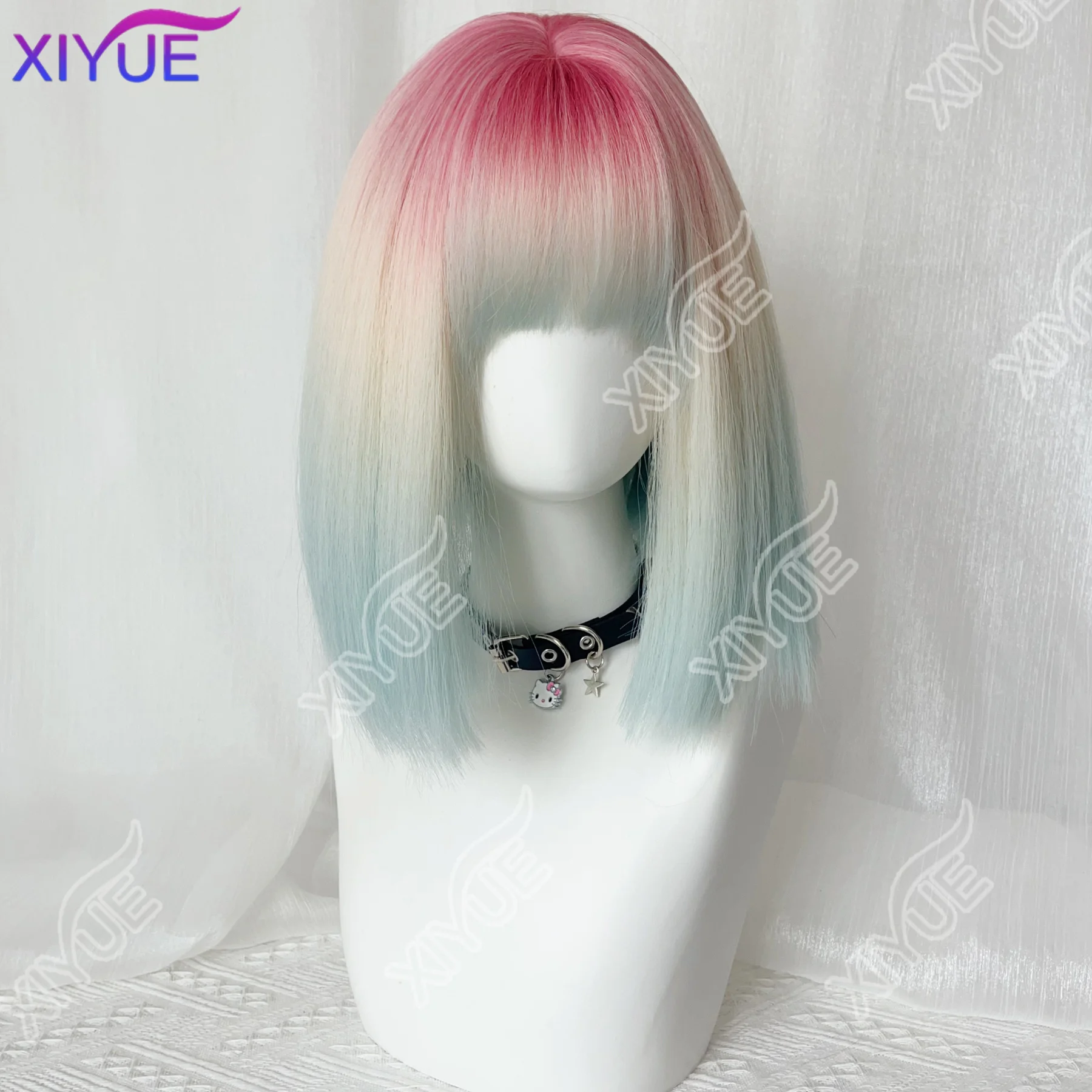 Ashely Rainbow Bubble Short Straight Hair Wig for Women with Bangs Gradient Highlights Lolita Bob Wigs Synthetic Wig Pastel