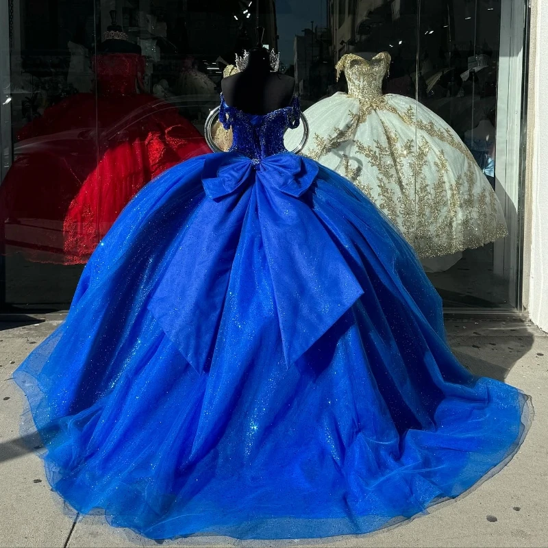 Azul Royal Shinceanera vestido fora do ombro, miçangas de apliques, princesa Sweet 16, vestido de baile brilhante, vestido de festa