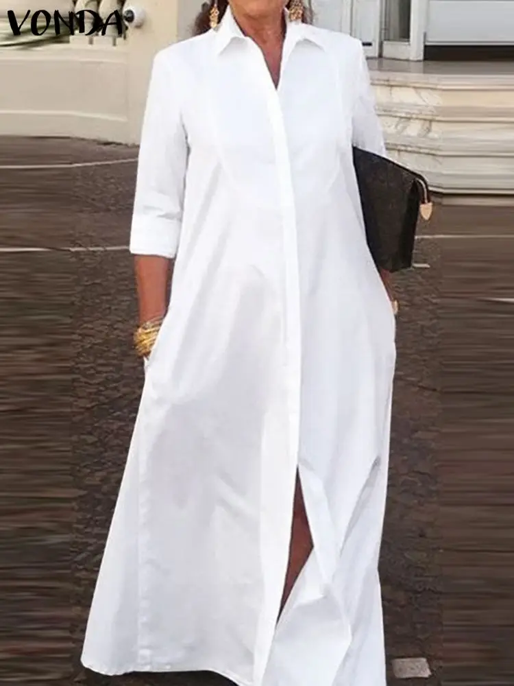 

VONDA Women Shirt Dress 2023 Casual Loose Sundress Sexy Long Sleeve Solid Color Party Maxi Long Dress Fashion Beach Vestidos