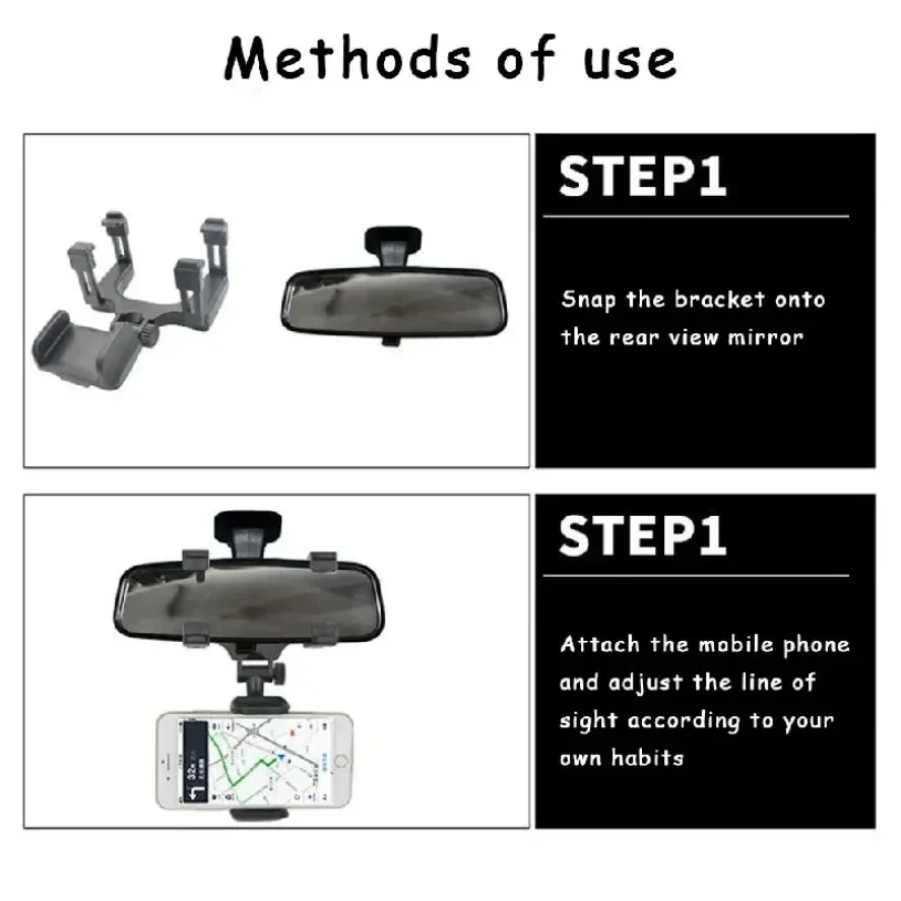 360 Car Mirror Mount Bracket Phone Holder Rearview Navigation GPS Mobile Stand Clip Foldable Adjustable Car Cell Phone Support