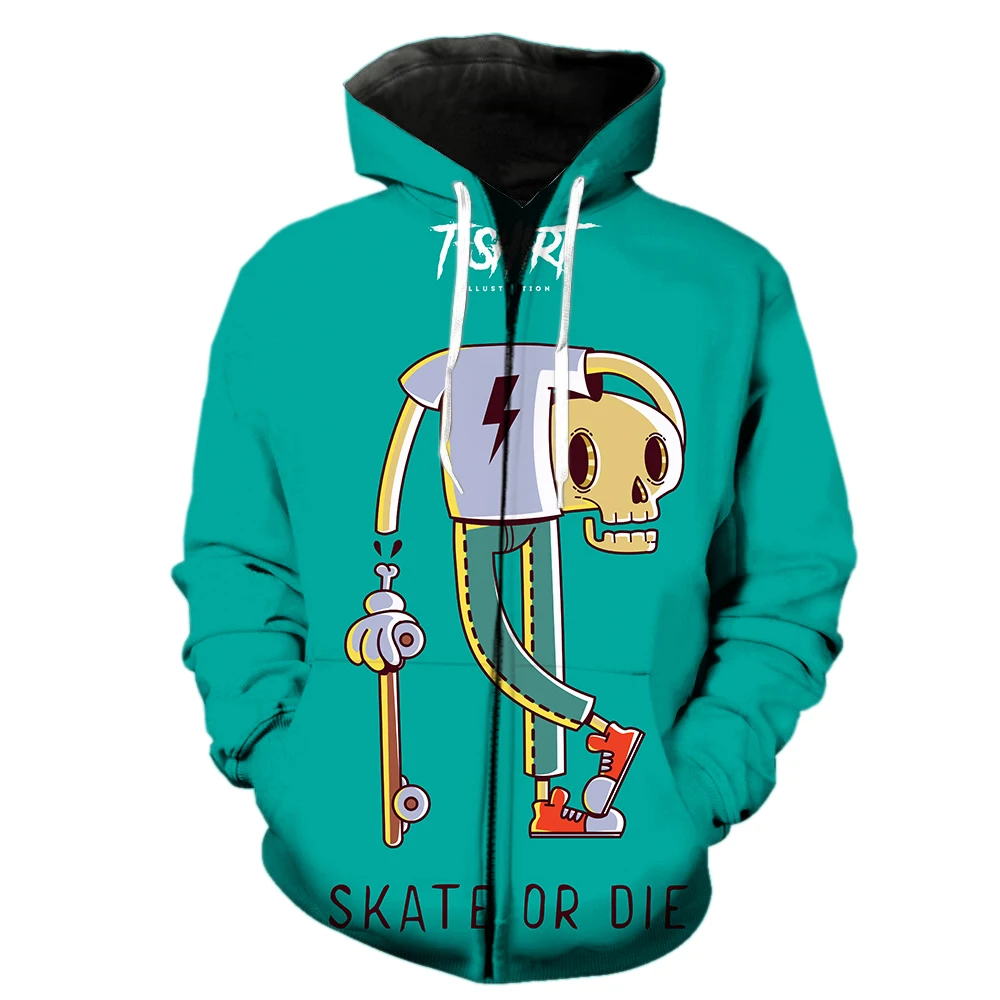 

Cartoon Skull Skateboard Men's Zipper Hoodies 2022 Hot Sale 3D Print Oversized With Hood Jackets Teens Unisex Cool Harajuku Tops