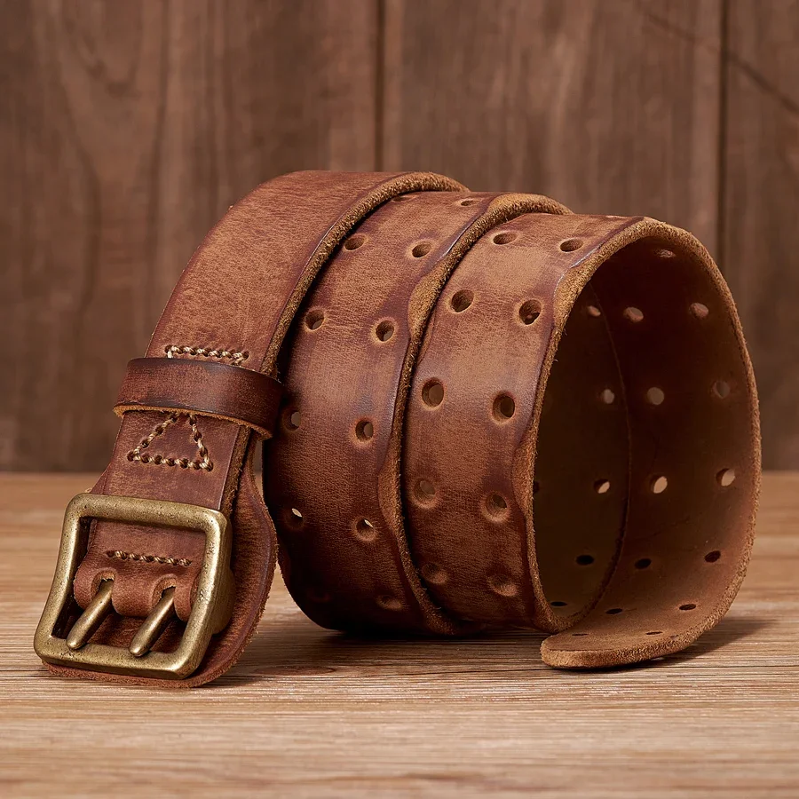 

New 3.8CM Vintage Men's Wide Belt Male Cowhide Real Genuine Leather Double Prong Buckle Handmade Strap Fashion Jeans Cowboy Belt