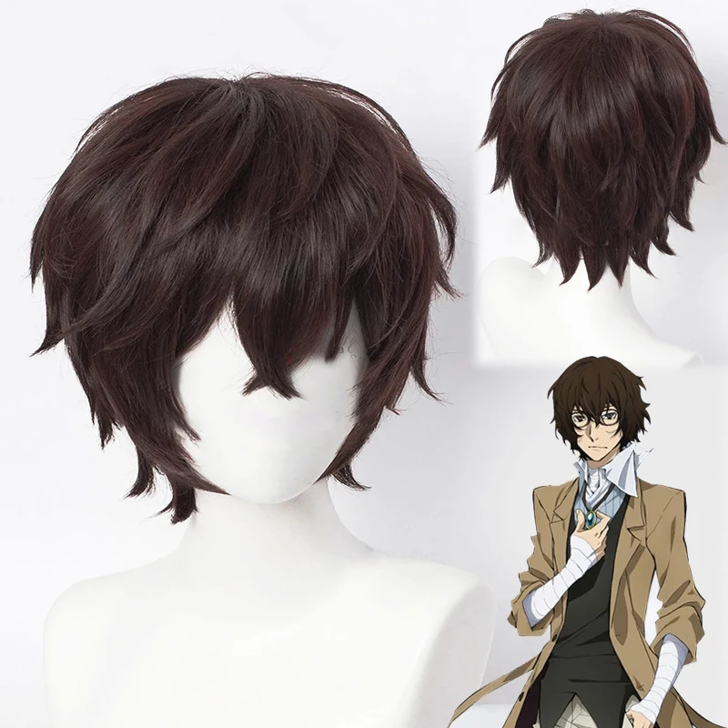

Anime Bungo Stray Dogs Cosplay Dazai Osamu Wig Short Brown Curly Hairs Heat Resistant Synthetic Hair Halloween Wigs + Wig Cap