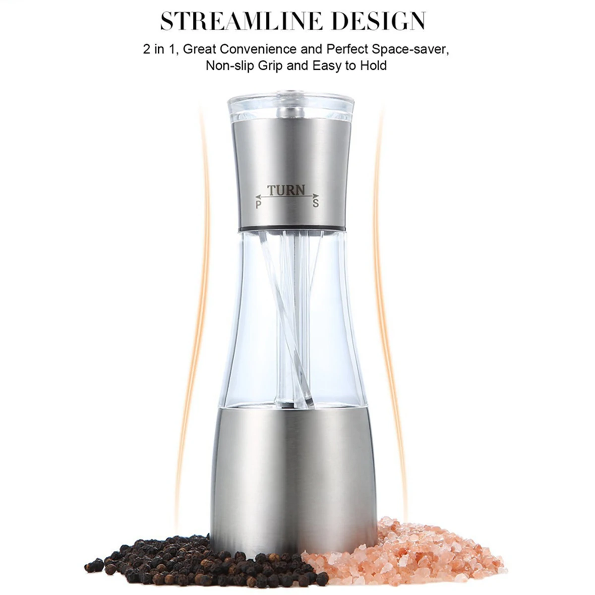 Salt and Pepper Grinder 2 In 1 Stainless Steel Salt and Pepper Mill Adjustable Coarseness Manual Grinder Refillable