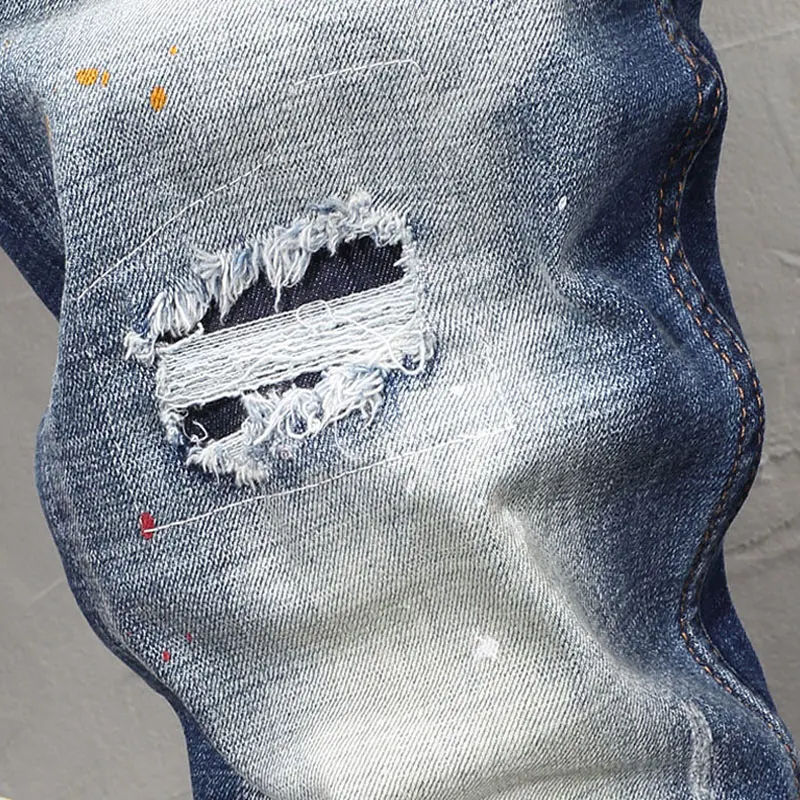 Fashion Designer Men Jeans High Quality Retro Washed Blue Painted Ripped Jeans Men Vintage Trousers Casual Denim Pants Hombre