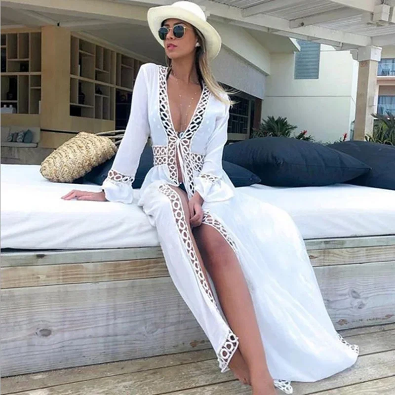 Multiple Circles Lace Beach Dress Bikini Cover Up Dress Women Summer White Boho Solid Colors Cardigan Style Robe Swim Cover Up
