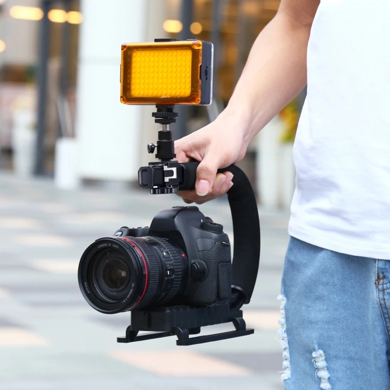 PULUZ C Shape Portable Handheld 1/4 inch Screw Bracket Stabilizer + LED Studio Light with Cold Shoe Tripod Head for SLR Cameras