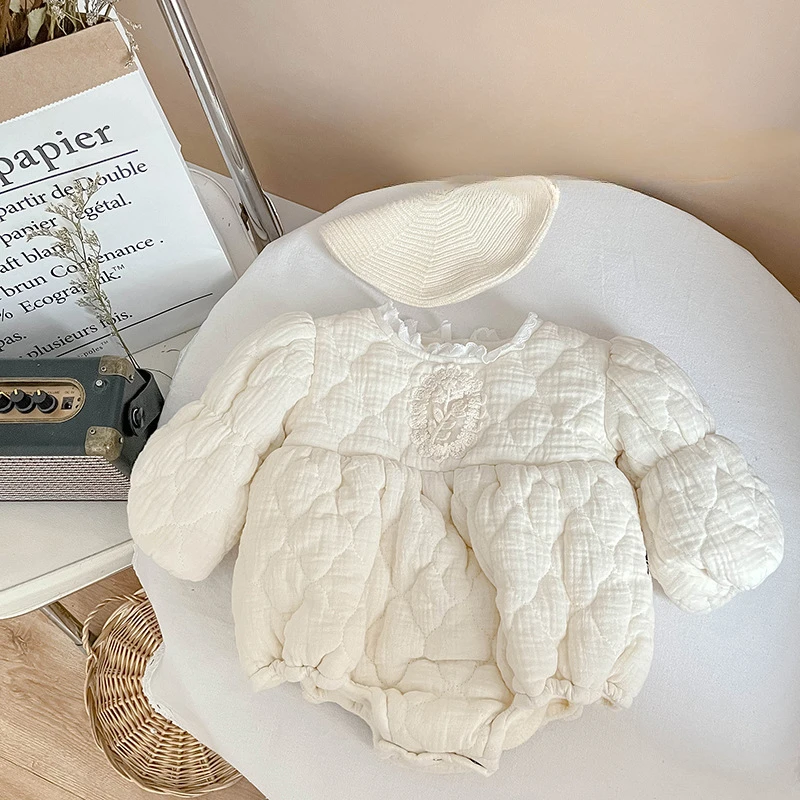 

Winter Baby Bodysuit Solid Color Quilted Toddler One Piece Floral Embroidery Thicken Warm Girls Jumpsuit