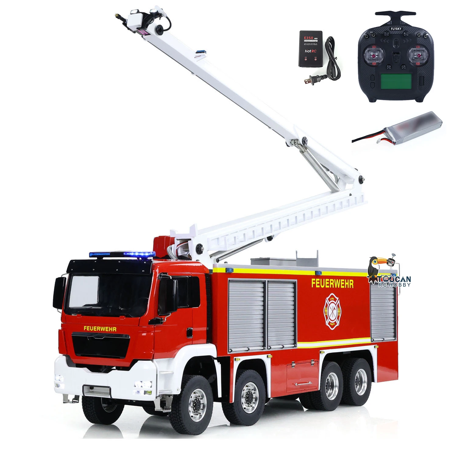 Toys 1/14 Metal Chassis 8x4 Snozzle High-reach Extendable Turret RC Fire Truck Light Sound TOUCAN Painted Finished Car Vehicle 2