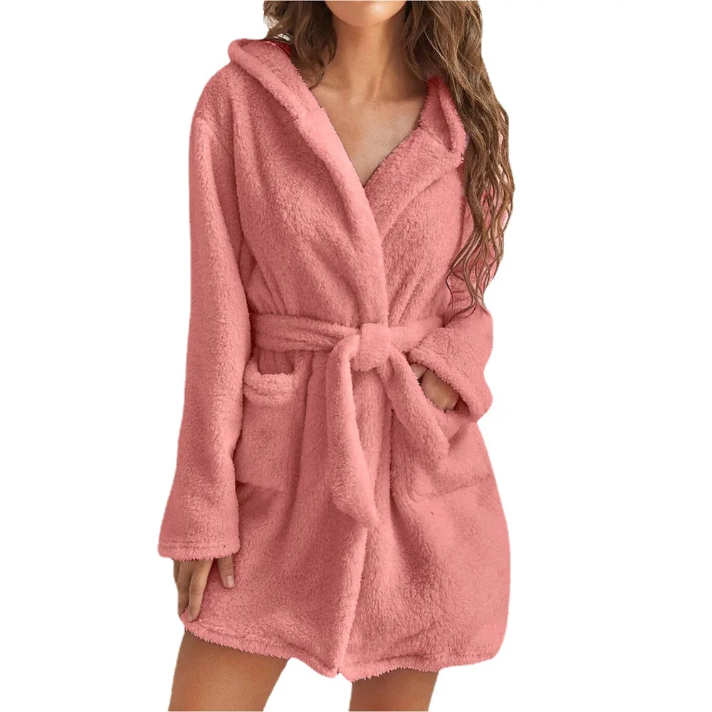 Women Plush Bathing Robe Winter Warm Fleece Hooded Bathrobe Gown Pajamas Shower Robe House Coat Sleepwear Warm Cardigans Jackets