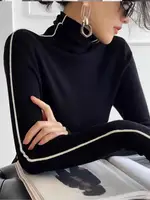 Mode col haut T-shirt femmes automne hiver à la mode couleur bloquant Slim Fit hauts femme Base simplicité à manches longues hauts 3